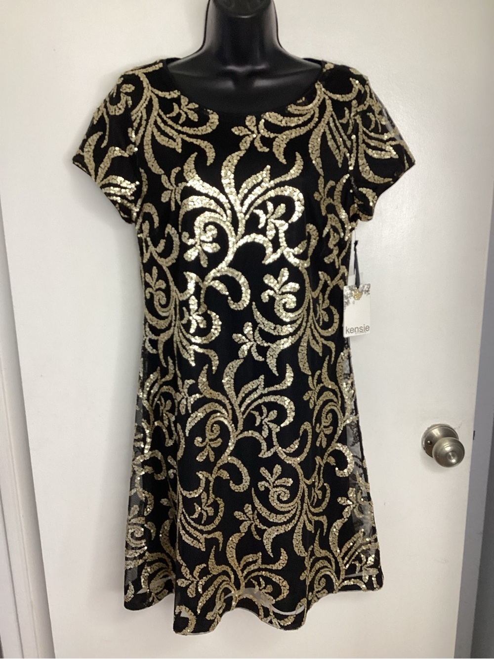 Kensie Black Dress with Gold Sequin Scrolls A-Line 10